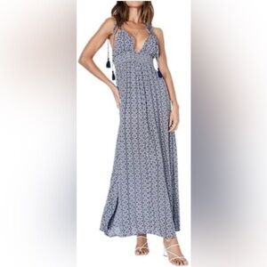 Lulu's Blue Printed Maxi Dress with Tassel Straps
